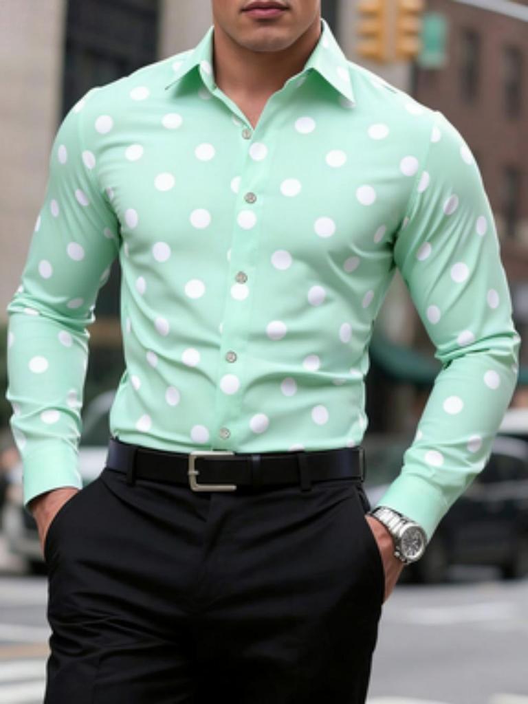 Men's Polka Dot Shirt Casual, Breathable, Comfortable, Fashionable and Trendy Men's Long Sleeved Shirt, Lapel Shirt