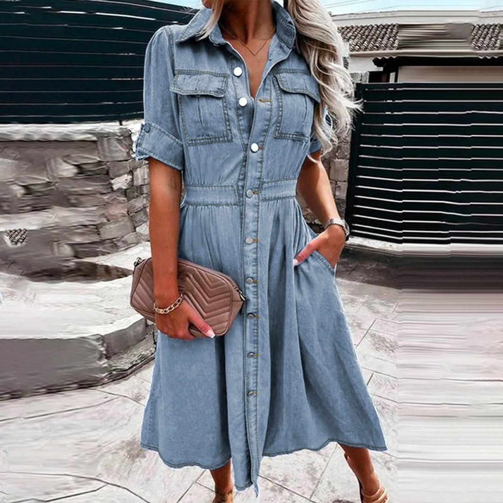 

Женское повседневное джинсовое однобортное платье с короткими рукавами XL синий