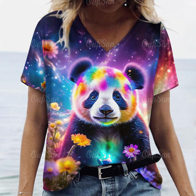 Loose Plus Size Woman Clothing Summer V-Neck Short Sleeve T-Shirts 3d Animals Panda Print Tops Women's Casual T Shirts Clothing