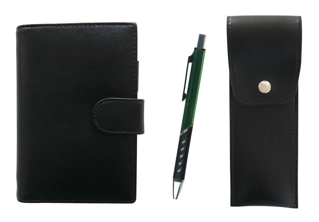 Eco B7 Cowhide Mini System Notebook and Round Button Pen Case Black Metal Color Ballpoint Pen Green LS002B-BRSB-SI2067BP-G