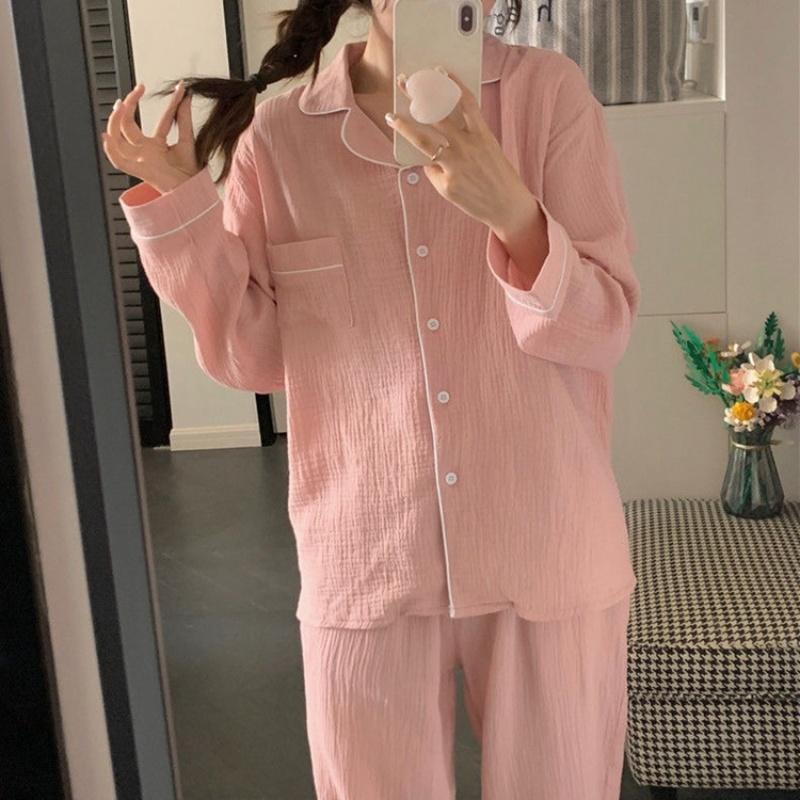 Autumn Women's Long-Sleeved Pajamas Homewear Set of Sweet Girls Long Trousers Pajamas Bubble Cotton Casual Homewear