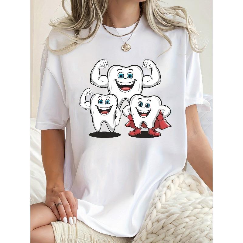 

Women s Creative Healthy Teeth Print T-Shirt Casual Crew Neck Short Sleeve All-Season Top 4XL