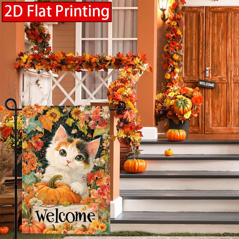 2D Flat, 2D Flat Pumpkin Cat Welcomes Maple Leaves to Harvest Pumpkin Garden Flag_1-28x40 Inch Garden Decoration Double S, Home Decoration, Yard Decor