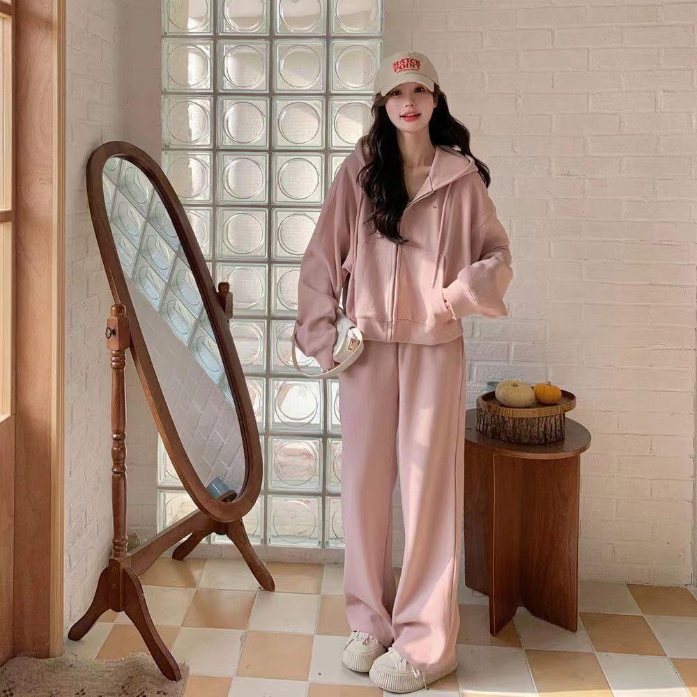 

2024 Женский хлопковый худи в студенческом стиле и комплект брюк с широкими штанинами - Весенне-осенняя повседневная одежда S розовый
