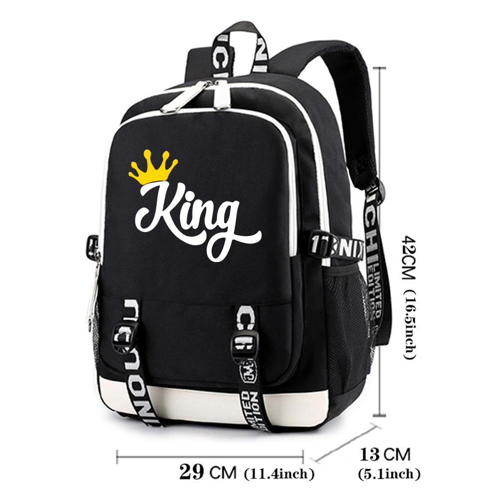 King Queen Letter Print Backpack Women Girls Fashion Travel Adjustable Shoulder Backpacks Outdoor School Bag for Couple