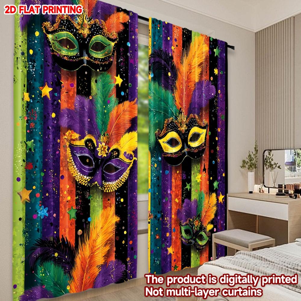 2D flat printing 2pcs Curtain Window Curtains Mardi Gras Masks Feathers Digital Printed Polyester Drapes Party Decorations