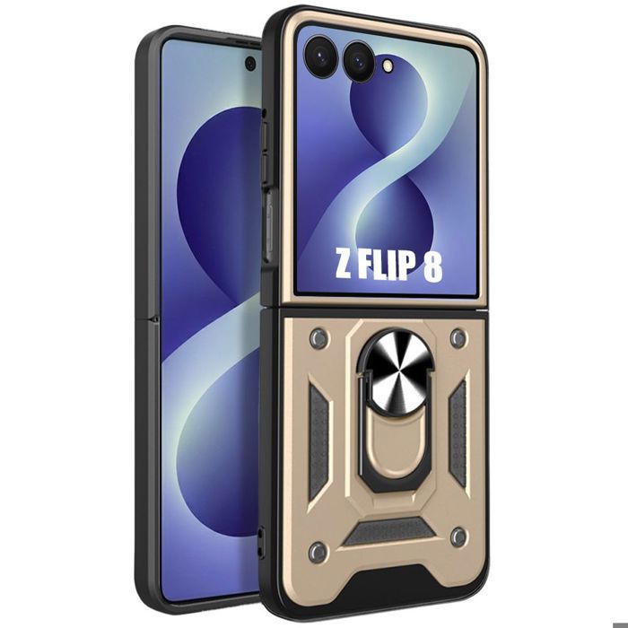 Coque pour Samsung Galaxy Z Flip 8, Bumper Antichoc Rigide avec Support Bague - Doré
