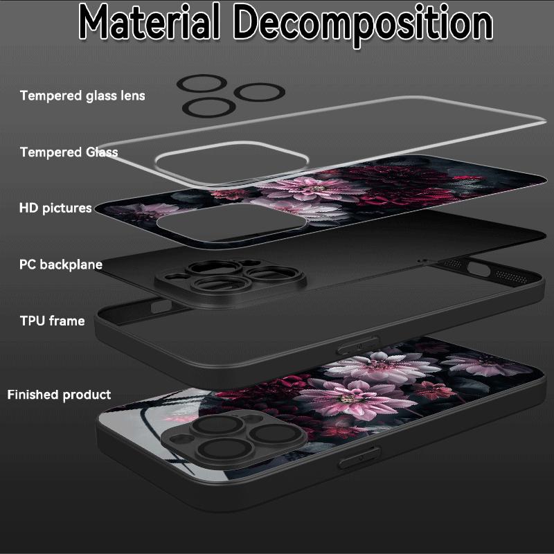 Dark floral pattern glass phone case suitable for iPhone 17 16 15 14 13 12 11 Pro Max Plus anti drop and shockproof back cover