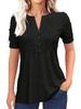 Women's Pleated V Neck T-Shirt Short Sleeve Solid Color Zipper Summer Casual Top