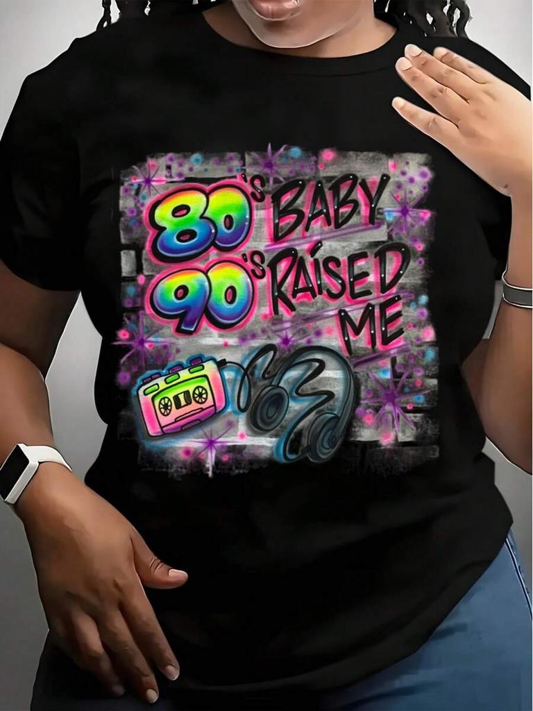 Europäische Größe Damen T-Shirt mit 80er 90er Raised Me Retro Pop Art Druck, Neonfarben und Kassettenband-Design, Perfekt für 90er-Mottopartys