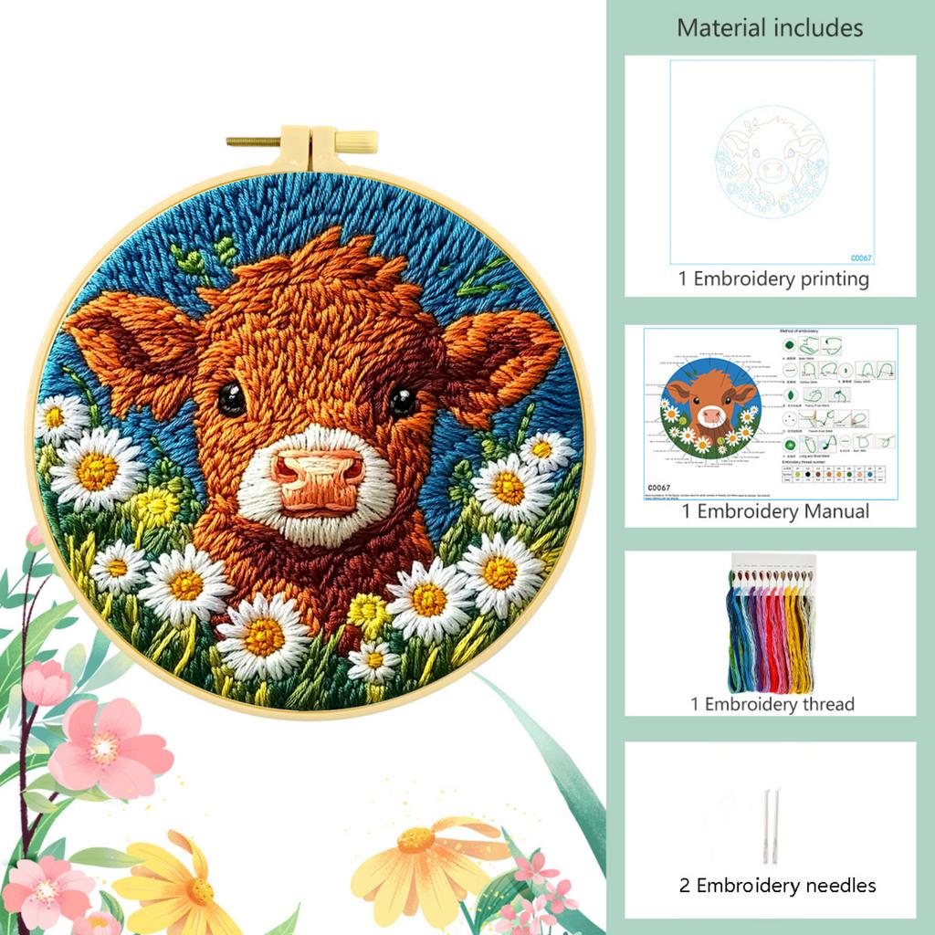 Hand Embroidery Kit with Cow Design - Cute Animal Set for Home Decor