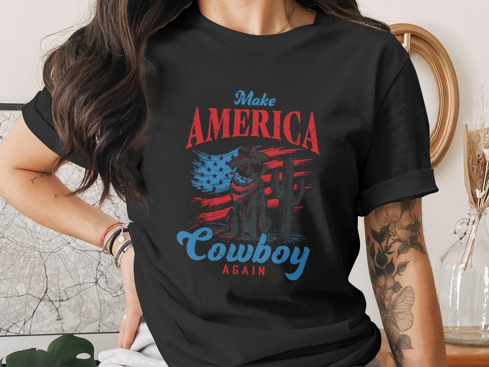 Make America Cowboy Again T-Shirt | Patriotic Dog & Western Flag Tee | Rustic America Lover Gift 2XL