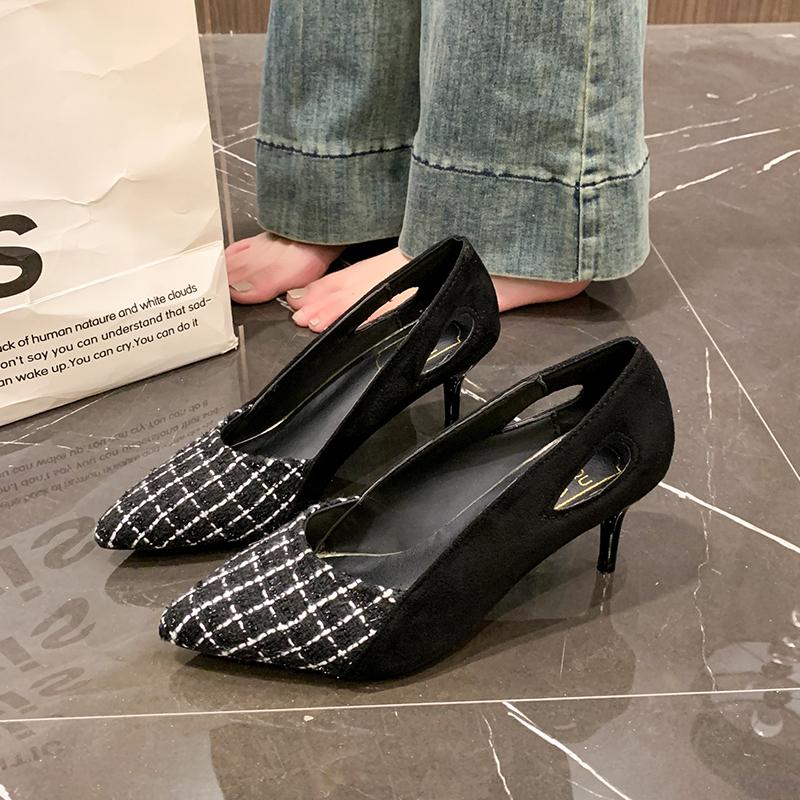 Fashion Women's Fashion Thin Heel Shoes Pointed Shallow Mouth Suede Splicing Anti-slip Wear-resistant High Heels