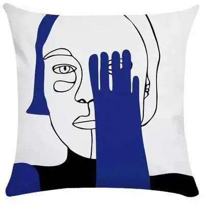 Blue White Minimalist Abstract Line Art Face Cushion Cover Throw Pillowcase Modern Home Decor For Sofa Couch Peach Skin 40X40