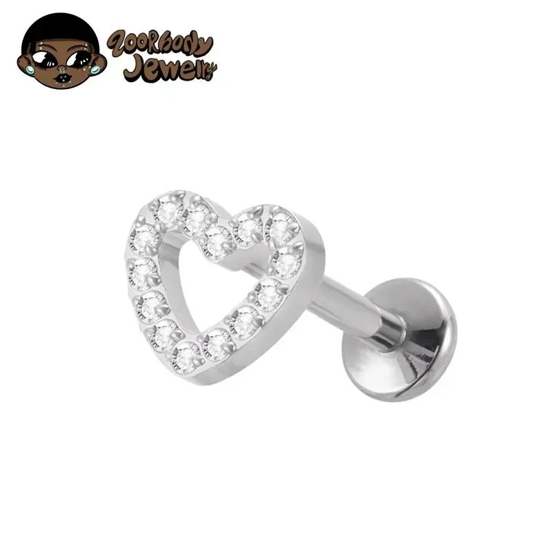 ASTM F136 Titanium Piercing 16G 18G CZ Heart Labret Earring Internally Threaded Cartilage Tragus Medusa Lip Monroe Body Jewelry