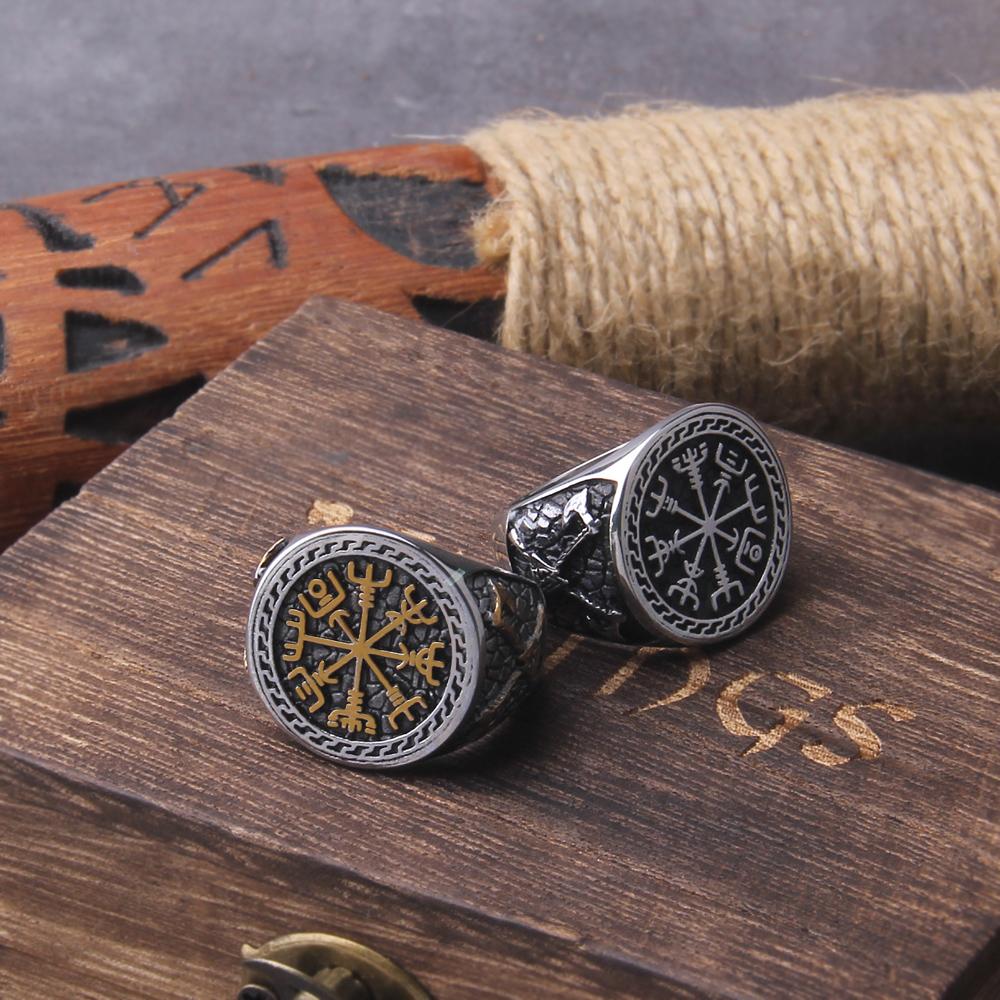 Viking Axe Ring Stainless Steel Odins Rune Signet Celtic Knot Biker Jewelry for Men with Wooden Box Gift