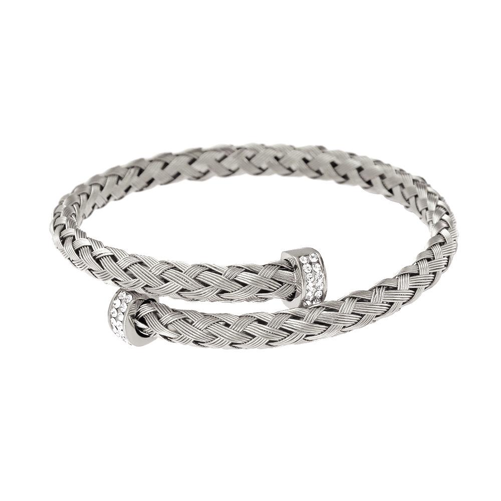 2024 Titanium Steel Mesh Diamond Accent Open Cuff Bracelet & 18K Gold Earrings