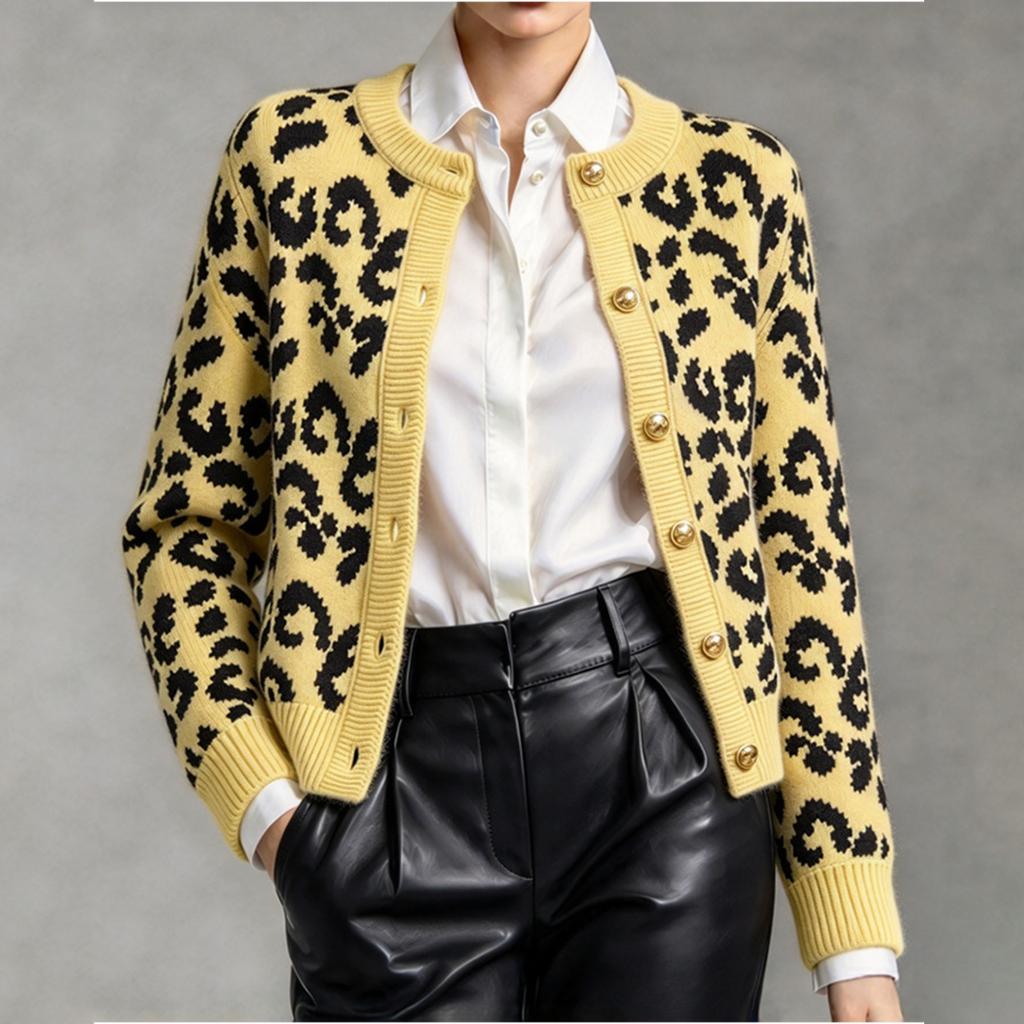 Women's Leopard Print Knit Cardigan Long Sleeve Round Neck Trim Casual Outerwear