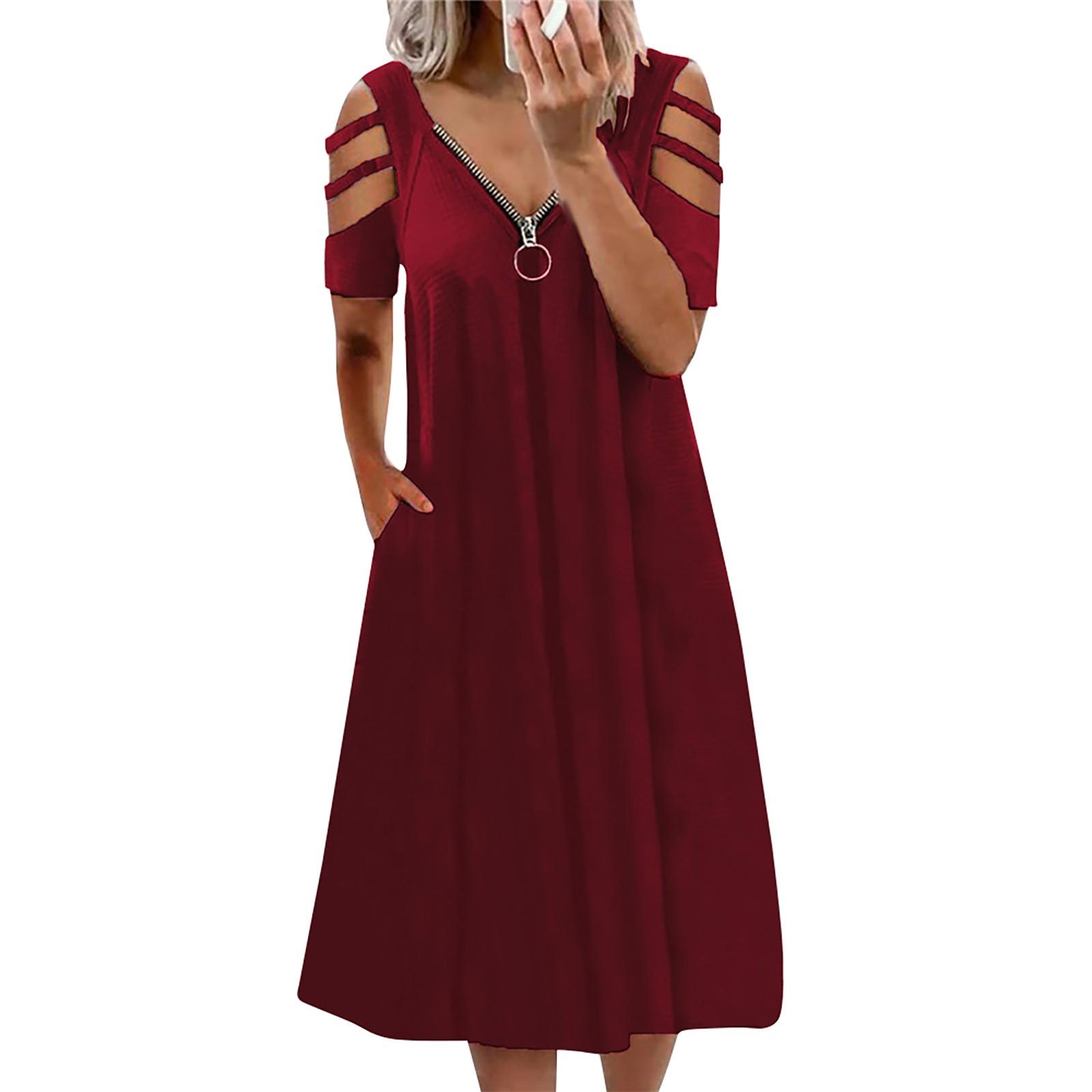 

Summer Women s Sexy V-Neck Zipper Color Short-Sleeved Dress S винний