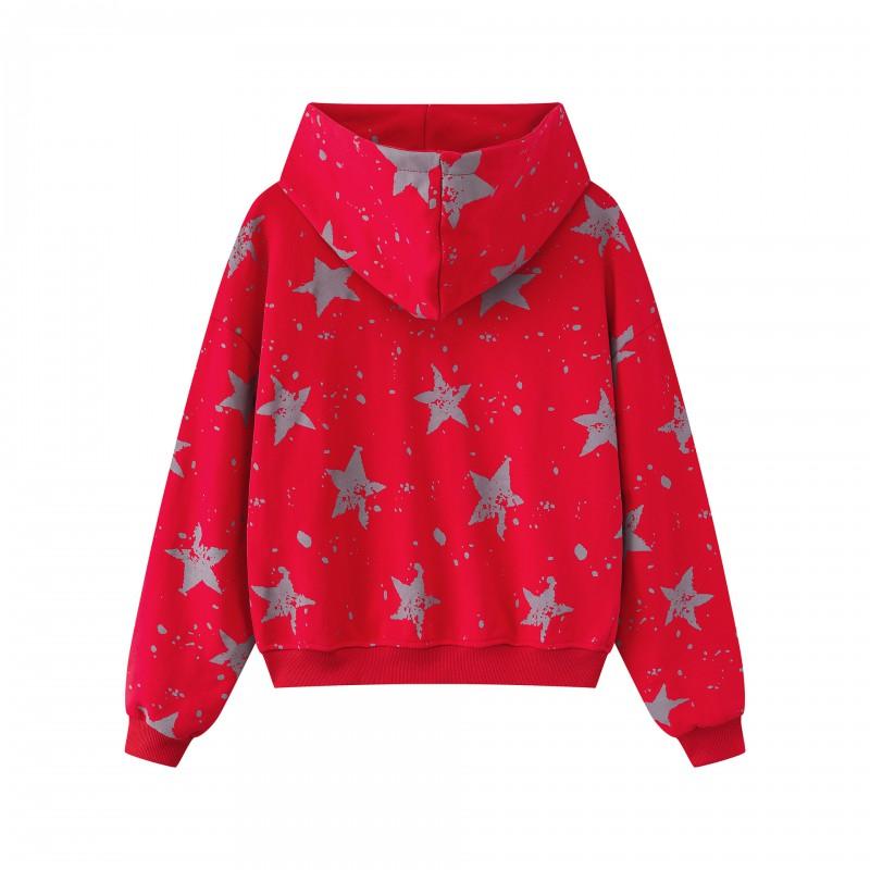 2026 Womens Vintage Star Print Zip Up Hoodie Loose Casual Sweatshirt Streetwear