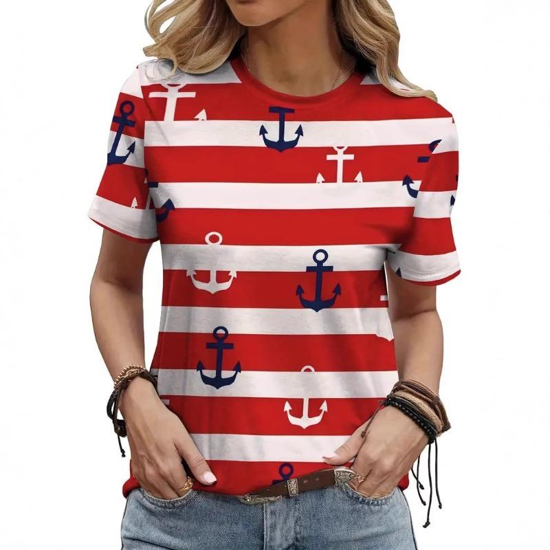 

Stripe Color Blocked Digital Printing Fashion Trend Versatile Summer Women s Short Sleeved Round Neck T-shirt 6xl