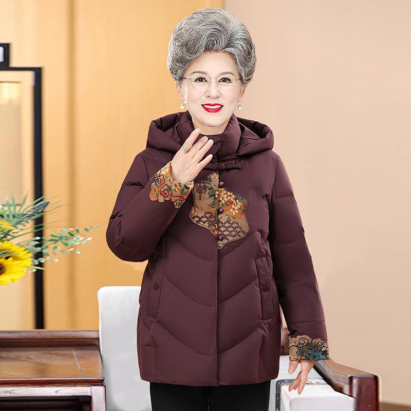 Mom's Winter Red Plus Velvet Jacket New Hooded Cotton Jacket Middle-aged and Elderly Year of Zodiac Cotton Jacket Warm Cotton Jacket