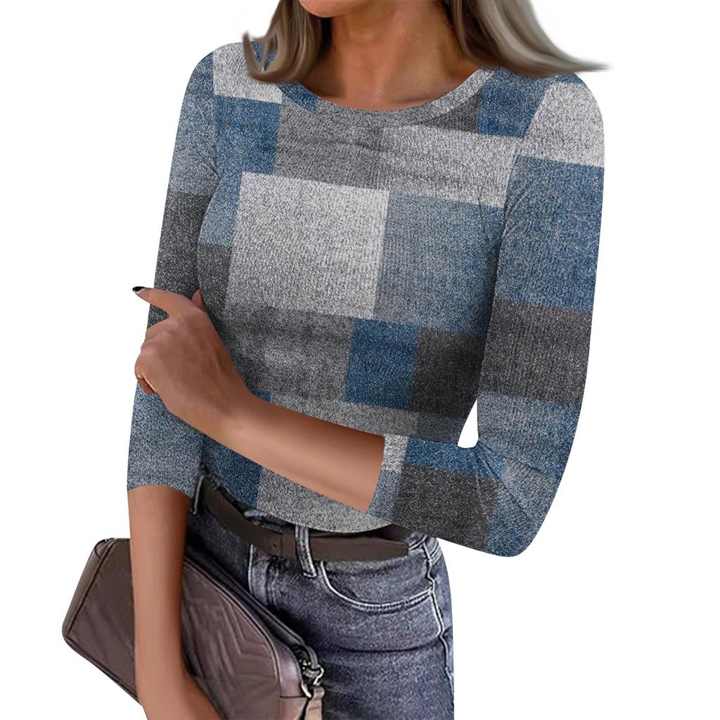 Women's Slim Bottom T-shirt Fashion Casual Printed Round Neck Pullover Seven Sleeve Top