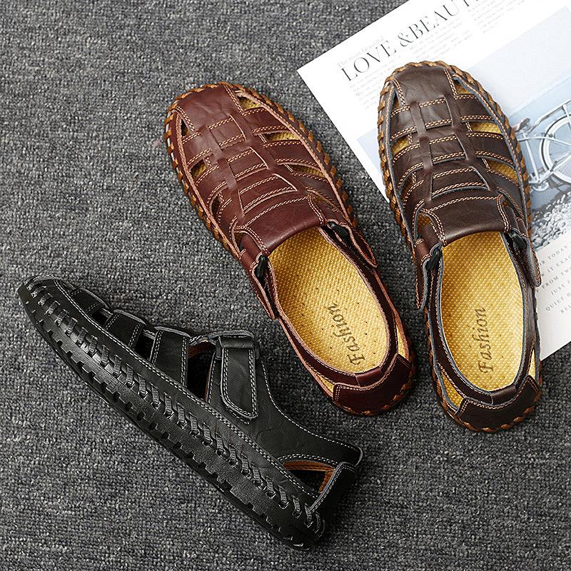 Fashion Men's New Summer Leather Sandals with Fashionable and Breathable Stitching Design, Casual Shoes In Sizes 38-47, Beach Shoes