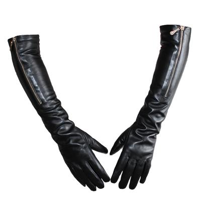 Bickmods Gants Longs Noirs en Cuir d'Agneau Véritable Style Fermeture Éclair Souples Mode Garder au Chaud en Automne et en Hiver