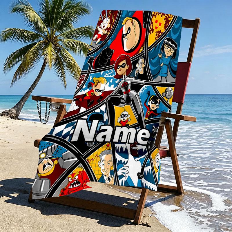 Custom Name Personalized Incredibles Print Beach Towel, for Trip Camping Beach Party Home Decor, Birthday Gift for Family & Friends