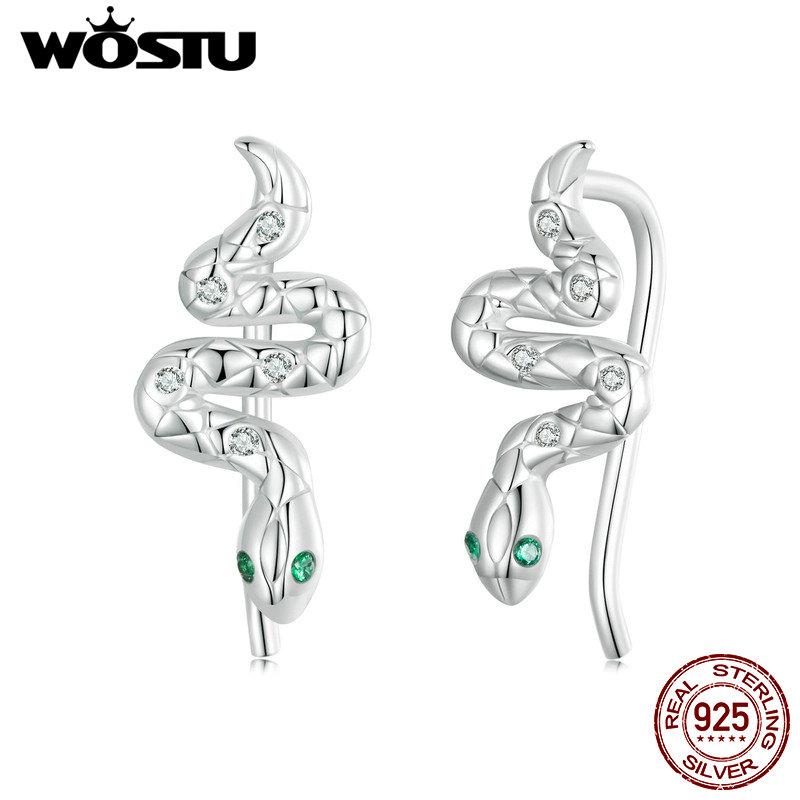 WOSTU 925 Sterling Silver Vintage Snake Ear Cuffs Ear Clip Earrings Shiny CZ Animal Ear Studs Party Wedding Jewelry Punk Gift