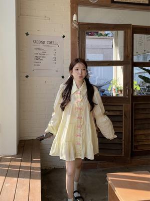 Korean Gentle and Sweet Shirt Long-sleeved Dress Women's Summer New Loose Bow Single-breasted Short Skirt