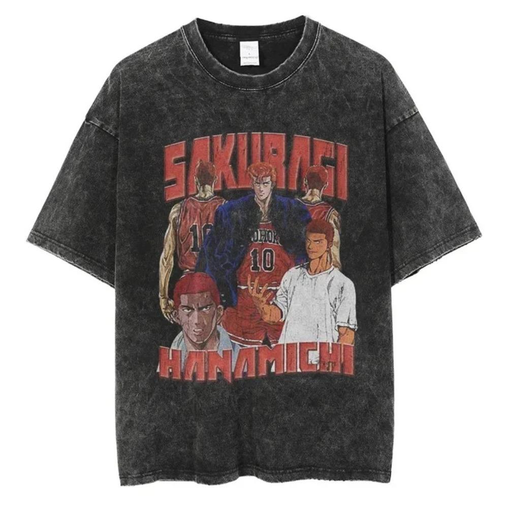 Oversized Washed Black Short-Sleeve T-Shirt Featuring Slam Dunk Haruko Akagi Female Version Sakuragi Hanamichi Anime Graphic