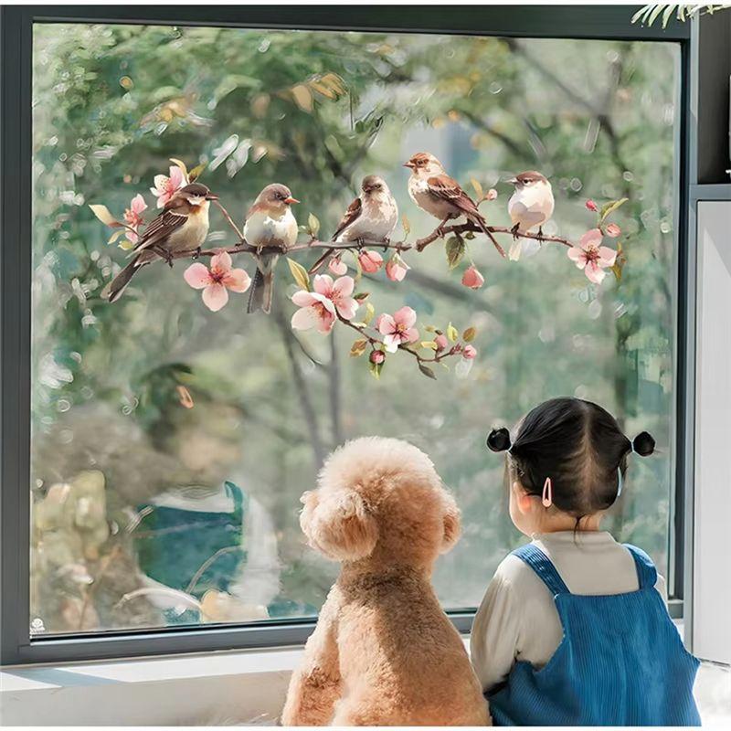 Good-60X25cm Flowers Branches Birds PVC Window Stickers Glass Self Adhesive Wall Sticker Home Bedroom Living Room Decoration