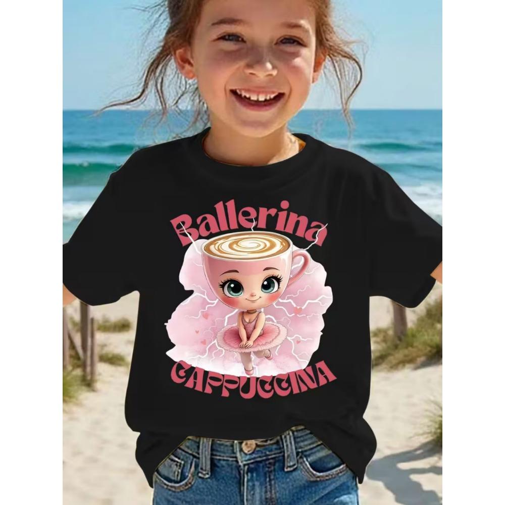 T-shirt Bambini Animali Brainrot Italiani Ballerina Cappuccino Manica Corta per Bambini Divertente Meme Carino Maglietta Estate