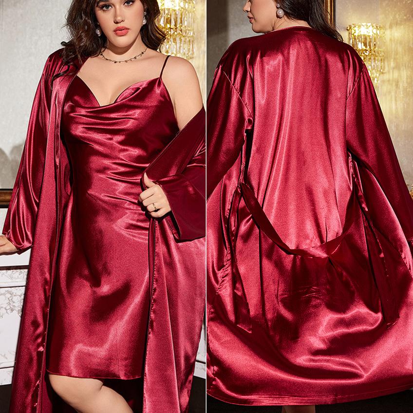 Burgundy Wedding Dress, Large Size Satin Pajamas, Two-piece Loose Casual Long Bathrobe, Home Clothes