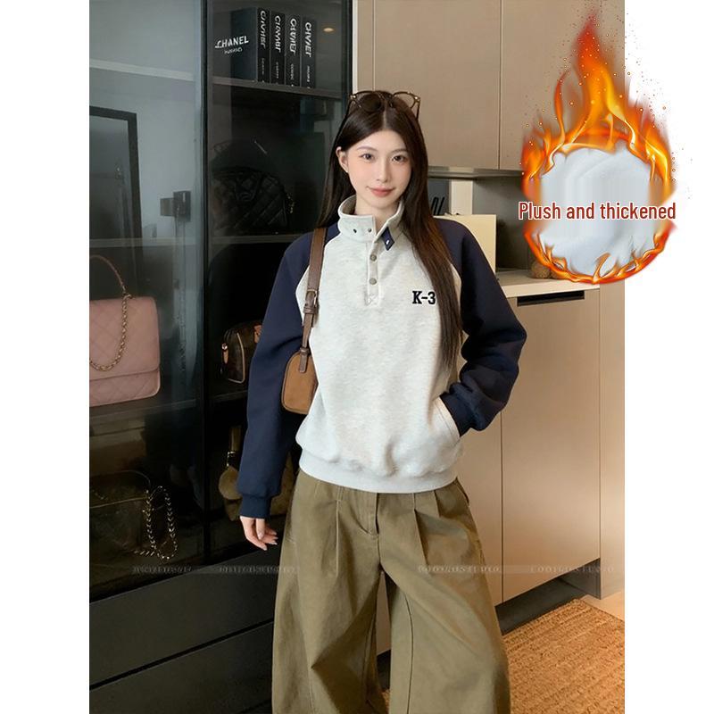 Official Plus Size Velvet Hoodie - Couple s Autumn/Winter Raglan Sleeve Embroidered Loose Color Block High Neck Top S