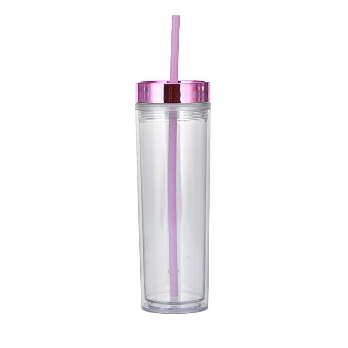 16Oz Double-Layer Plastic Straw Cup, Simple Skinny Straight Cup, Fixed Rose Gold Electroplated Lid Water Cup