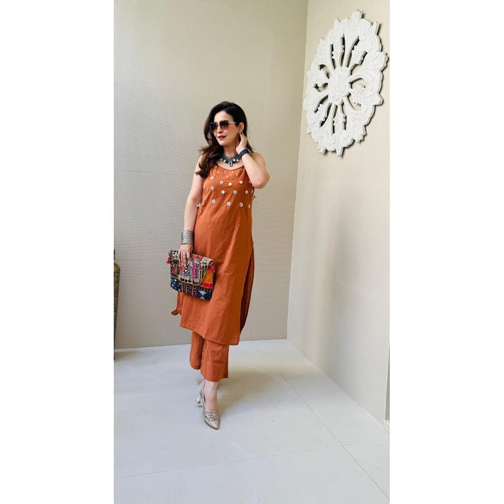 Damen Designer Baumwoll-Slub Kurta Hosen Set Indische Partykleidung Oberteil Tunika Kurti SC-2165