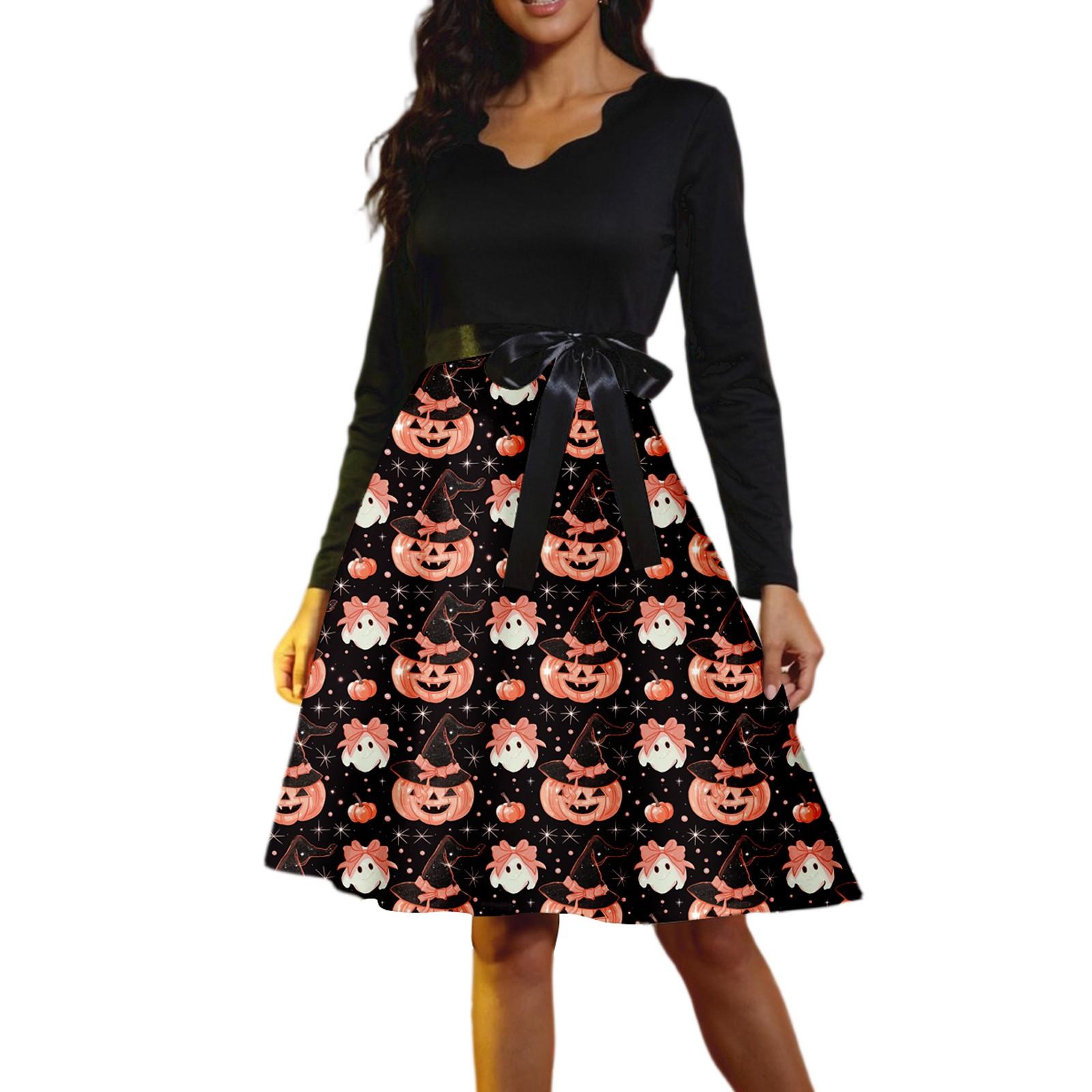 

Женские повседневные модные винтажные длинные платья с длинным рукавом на Хэллоуин и графическим принтом XL