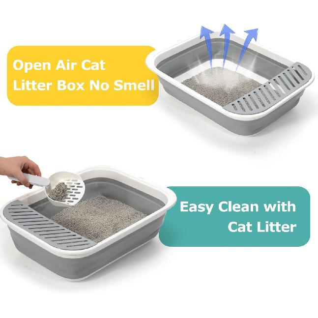 Foldable Cat Litter Box, Large Height-Adjustable Anti-Splash Open Air Kitty Litter Pan, Easy Clean with Scoop (Gray)