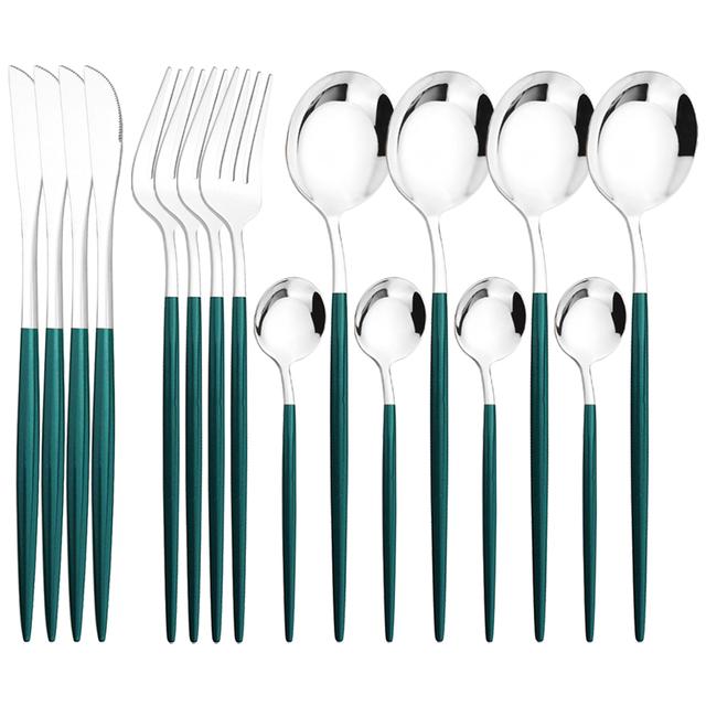 Set de tacâmuri din argint, cuțit, furculiță, linguri, veselă din oțel inoxidabil, tacâmuri occidentale, set de tacâmuri de bucătărie, 16 buc.