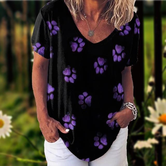 Tričko pro ženy Potisk Kočičí Dívčí Tričko Móda Léto Krátký rukáv Výstřih do V Ležérní Volný Top Oversized Dámská Streetwear Košile