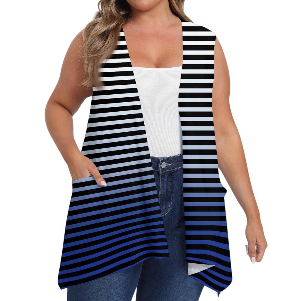 Damen Übergröße Locker Lässig Bedruckt Ärmellos Weste mit Tasche Strickjacke Jacke Strickjacke Jacke