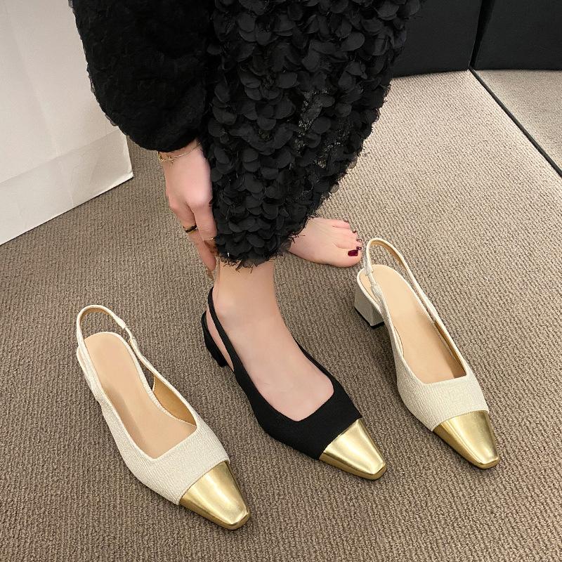 Fashion Fashion Square Toe Slingbacks Women Shoes 2024 New Mid Heel Sandals for Women Thick Heeled High Heels Shoes for Women