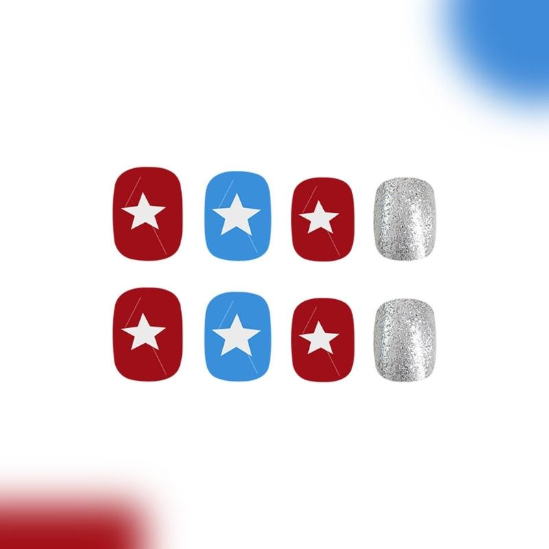 Square Press on Nail 4th of July Fake Nail Independence Day Glues on Nail Patriotic False Nail Full Cover Fake Nail