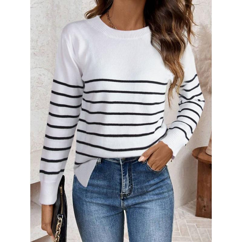 Womens Winter Striped Knit Sweater Loose Fit Round Neck Long Sleeve Casual Pullover