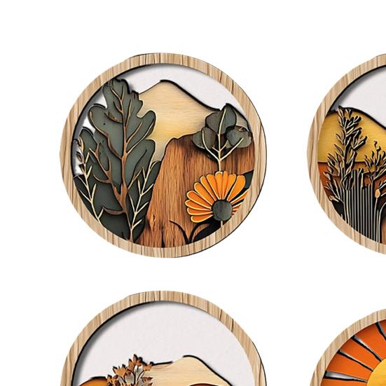 4 Pcs Boho Wall Art, Bohemian Sunset Mountain Plant Wall Decor, Wooden Round Circle Hollow Out Farmhouse Hanging Ornament for Bedroom, Living Room