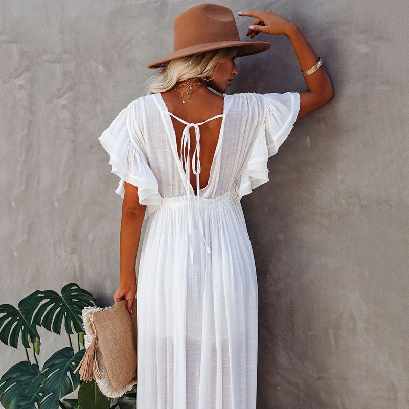 New Bamboo Cloth Button Waist Rope Long Skirt Cardigan Vacation Beach Jacket Sunscreen Clothes Long Skirt Bikini Blouse Women