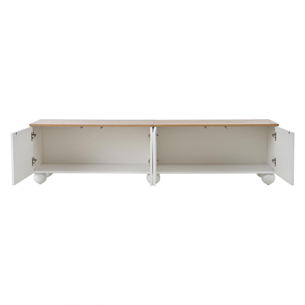 180*40*45cm TV Cabinet with 4 Cabinets, TV Cabinet with 6 Ball-Foot Metal Legs, Suitable for TVs around 80 Inches, Wood Color+White